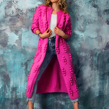 Nancy - Elegantní dlouhý pletený svetr s bambulemi pro dámy