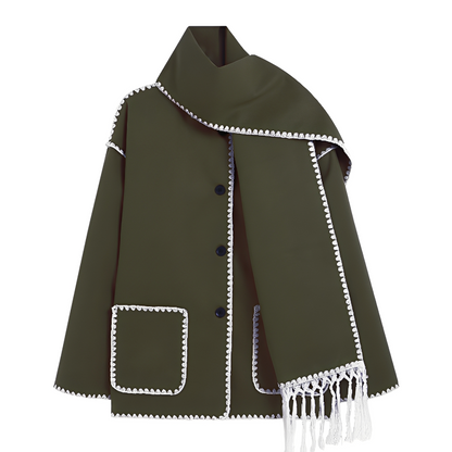 Amilia - Stylowa, luźno skrojona wełniana kurtka z szalem dla kobiet