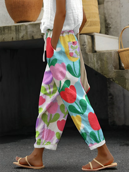 Catherina - Weite Leinenhose mit Blumenprint