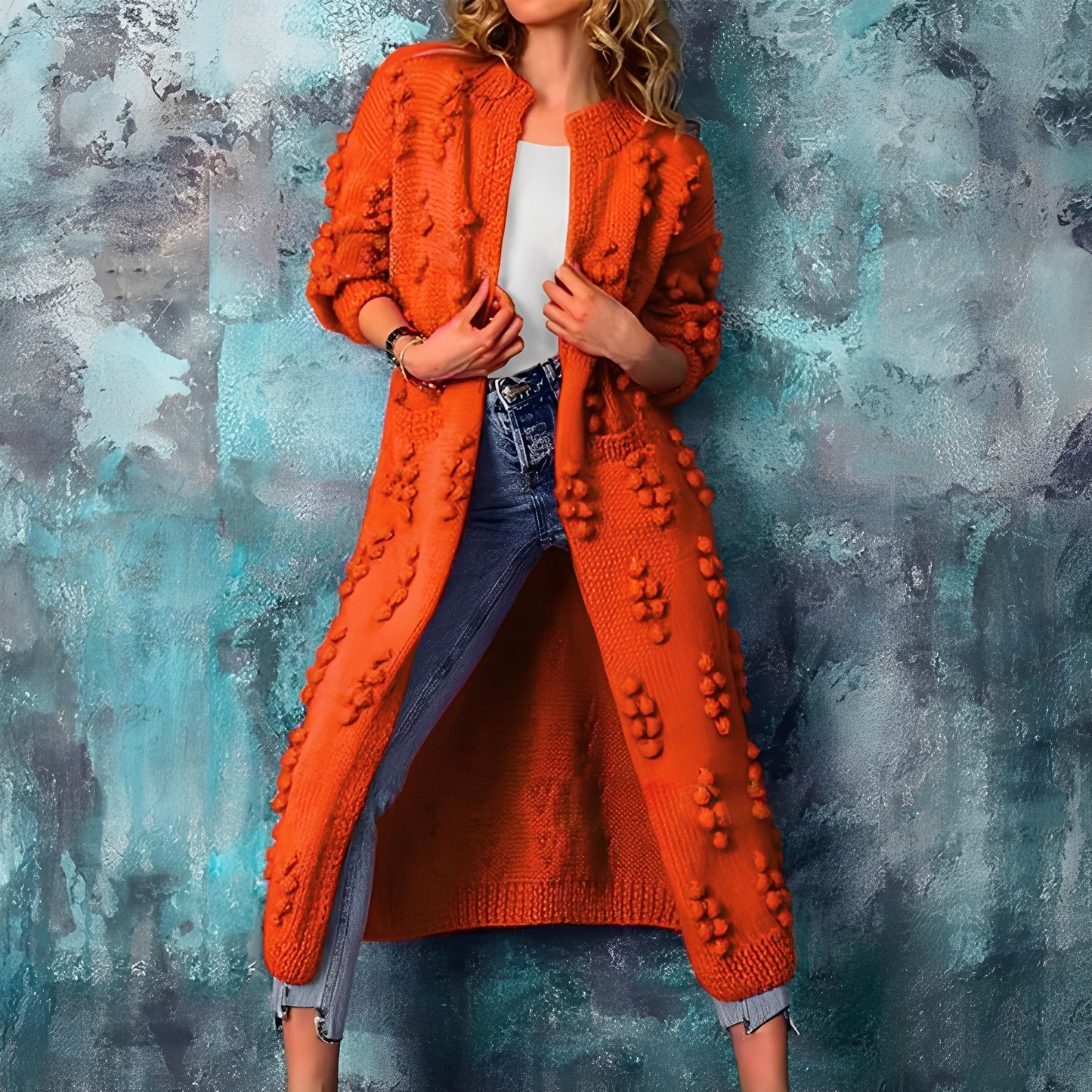 Nancy - Elegantní dlouhý pletený svetr s bambulemi pro dámy