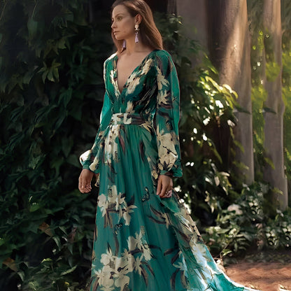 Karine - Elegantes langes Damenkleid mit V-Ausschnitt