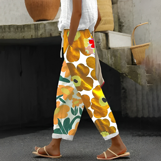 Catherina - Weite Leinenhose mit Blumenprint