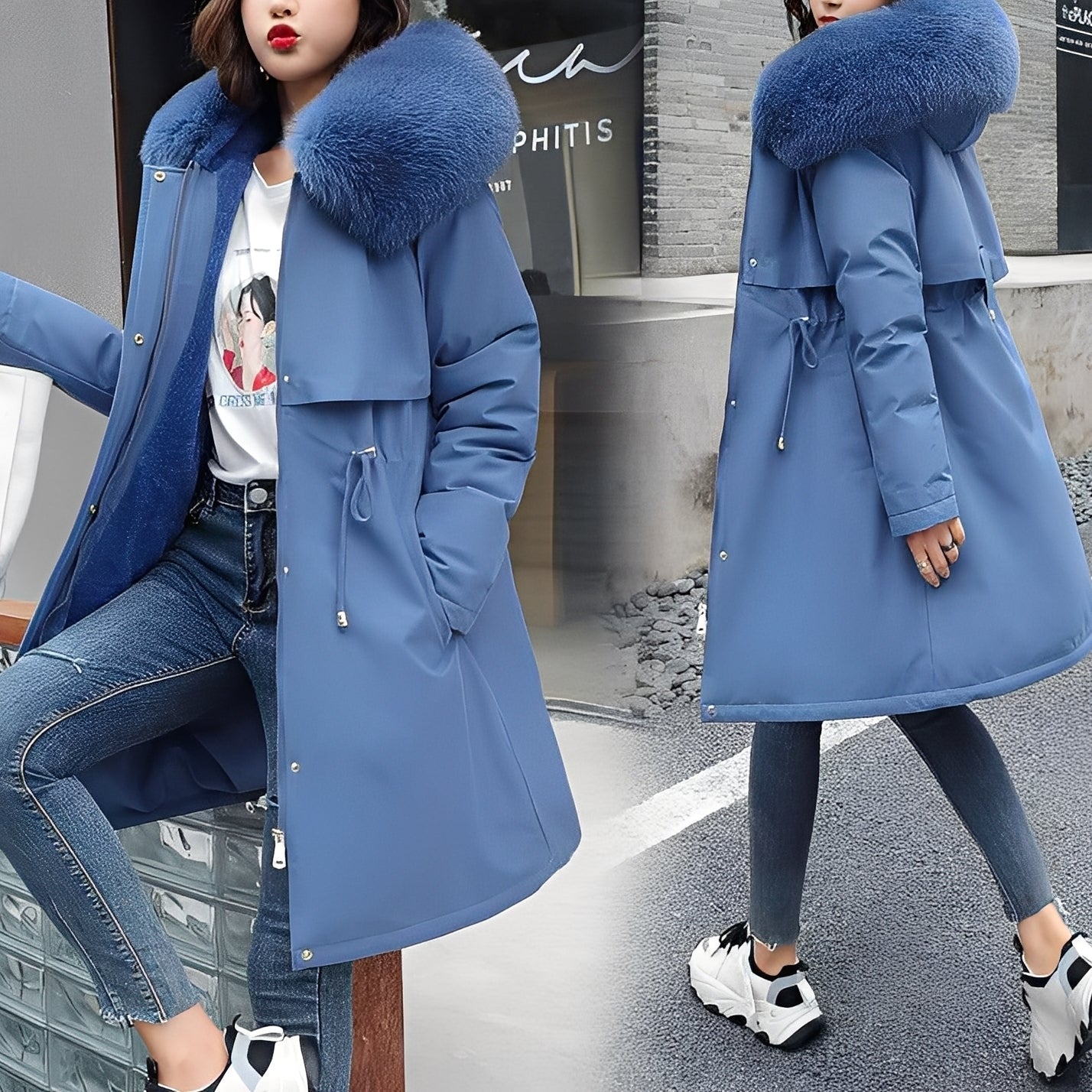 Evette - Stylowy, ciepły, ocieplany damski płaszcz z kapturem