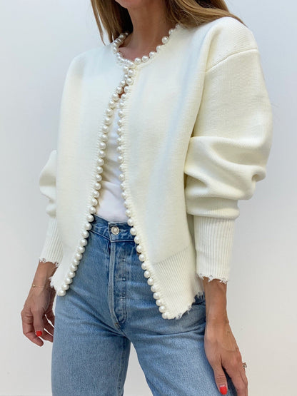 Vivien – Cardigan with pearl embellishments and fringe trim