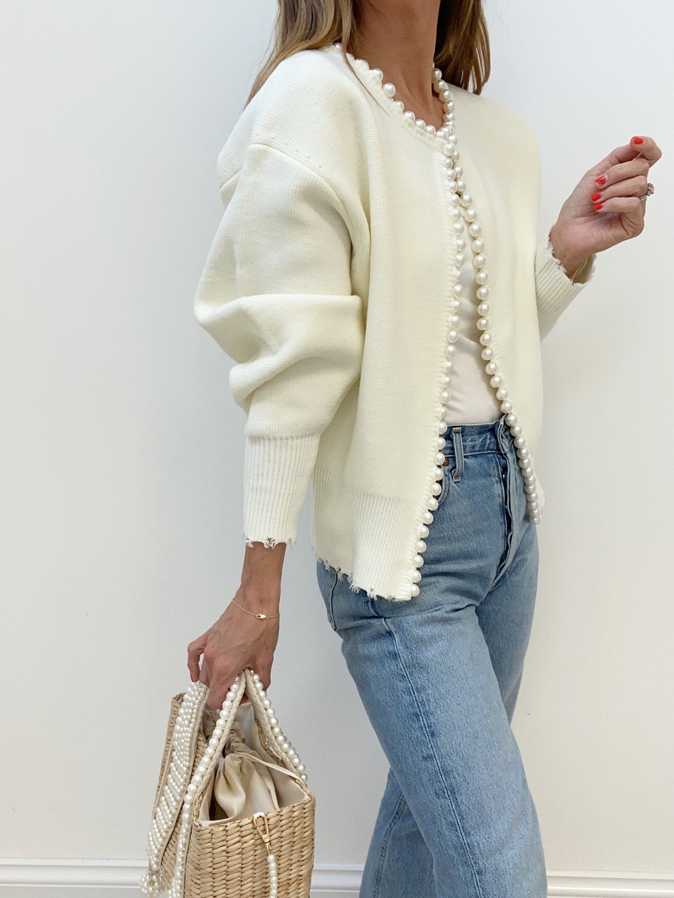 Vivien – Cardigan with pearl embellishments and fringe trim