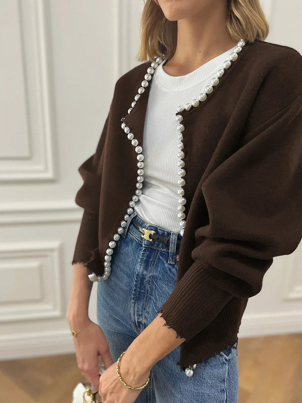 Vivien – Cardigan with pearl embellishments and fringe trim
