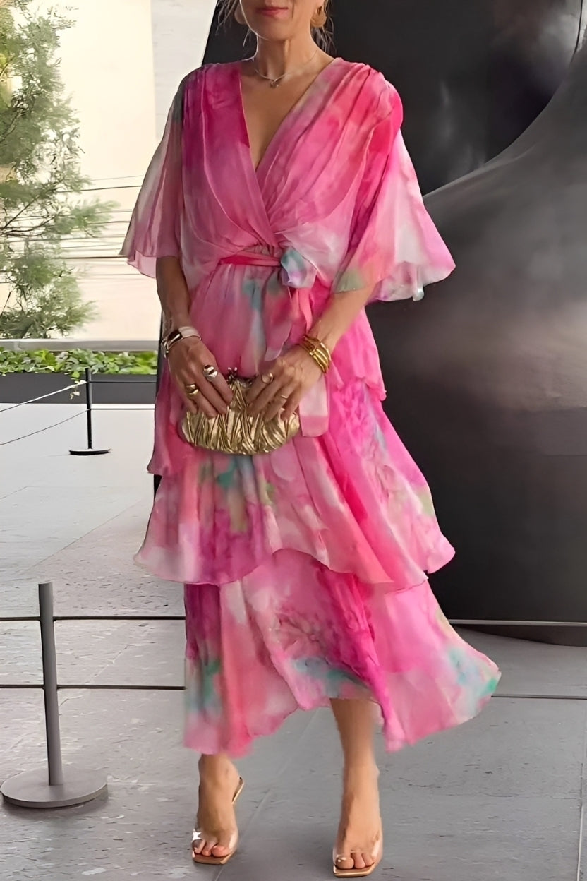 Jane - Damenkleid mit Blumenmuster und V-Ausschnitt, mehrlagig designt