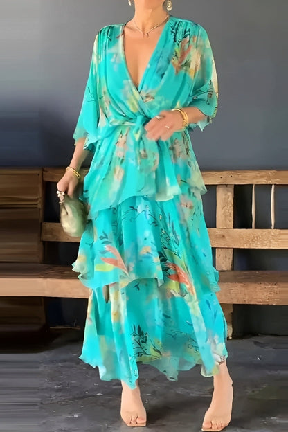 Jane - Damenkleid mit Blumenmuster und V-Ausschnitt, mehrlagig designt