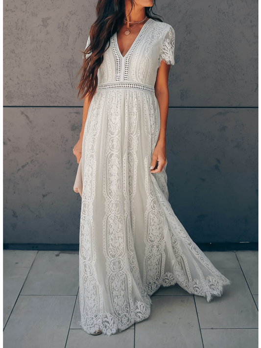 Elliana - Langes Spitzenkleid mit V-Ausschnitt